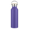 A drink bottle in a vibrant purple hue with a stainless steel top and wooden accent. It features a logo.