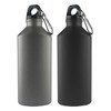A drink bottle set featuring a matte grey and a matte black finish, each with a carabiner clip and a logo.
