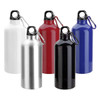 A drink bottle collection featuring white, silver, red, blue, and black options, each with a carabiner clip.