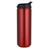 A drink bottle in a sleek red finish with a black lid and a logo. Ideal for beverages on the go.