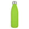 A drink bottle in bright green with a silver cap, featuring a sleek, modern design and a logo.