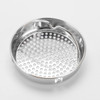 A stainless steel food strainer with a perforated design and a handle for easy lifting.