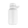 A drink bottle in a sleek, white design with a secure lid and a logo on the side.