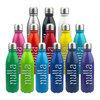 A collection of multi-coloured aluminium drink bottles with stainless steel caps, featuring a logo.