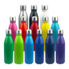 A drink bottle collection featuring shiny aluminium bottles in various colours, each with a silver cap and some with branding.