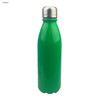 A green aluminium drink bottle with a shiny silver lid, featuring a logo on the side.