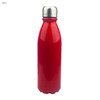 A red aluminium drink bottle with a shiny finish and a silver screw-on lid. It features a logo.