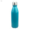 A teal drink bottle with a shiny stainless steel cap and a sleek single-wall design. It features a logo.