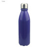 A shiny purple aluminium drink bottle with a stainless steel cap, featuring a logo.