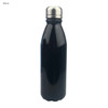 A drink bottle in shiny black aluminium with a stainless steel screw top and a logo.