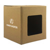 A small brown gift box with a transparent window, featuring a logo. Suitable for packaging drinkware items.