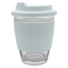 A glass coffee cup with a white silicone sleeve and lid, featuring a smooth, transparent design.
