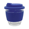A glass coffee cup with a blue silicone lid and sleeve, featuring a transparent body and a logo.