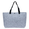 A grey felt tote bag with black straps and a single button closure. It features a logo on the front.