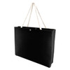 A black felt tote bag with rope handles and a structured design, featuring a branding logo.