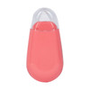 A pink glue tape dispenser with a transparent cap, featuring a rounded shape. It includes a branding logo.