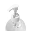 A clear bottle of hand sanitiser gel with a white pump lid, containing 75% alcohol. The bottle has a logo.