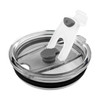 A coffee mug lid in transparent plastic with a grey and white sliding opening mechanism and a rubber seal.