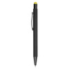 A black stylus pen with a yellow tip and a clip on the side, featuring a logo.