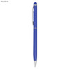A royal blue stylus pen with a silver clip and tip, featuring a logo on the barrel.