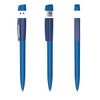 A blue solid plastic USB pen featuring a 16GB flash drive, displayed from three angles. It has a logo.