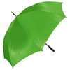 A green golf umbrella featuring a sturdy handle and a logo on the canopy.