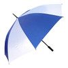 A blue and white golf umbrella with a black handle and a logo on the canopy.