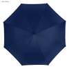 A navy blue golf umbrella featuring a circular design and a central opening mechanism. It has a branding logo on the handle.