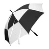 A black and white golf umbrella with a branded handle. The canopy features a sporty checkered design.