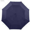A navy blue umbrella featuring an octagonal design and a central black hub. It has a solid fabric covering and no visible branding.