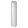 A silver drink bottle with a sleek, cylindrical design and a matching cap. It features a logo.