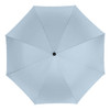 A silver umbrella with a rounded canopy and a central button. Features eight panels and a branding logo.