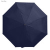 A navy blue umbrella with a central button and a lightweight design. It features a branding logo.