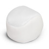 A white hacky sack with a smooth surface, featuring a rounded, slightly irregular shape. It has a logo.