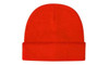 A bright red acrylic beanie with a folded cuff, featuring a logo on the side.