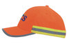 A bright orange cap featuring a reflective tape band and a grey peak, with a logo on the front.