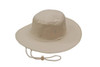 A beige canvas hat with a wide brim and a chin strap, featuring ventilation eyelets.