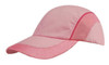 A pink cap with woven fabric and mesh side panels and peak, featuring a logo.