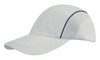 A white cap with woven fabric, mesh side panels, and a peak, featuring a logo.