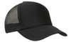 A black truckers mesh cap featuring a solid front and mesh back for breathability. It includes a branding logo.