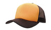 A truckers mesh cap featuring a yellow front and brown brim with a mesh back. It has a logo on the side.