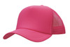 A pink trucker mesh cap featuring a solid front panel and a mesh back, with a curved brim.