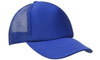 A blue truckers mesh cap featuring a solid front and mesh back. It has a curved brim and a branding logo.