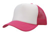 A pink and white truckers mesh cap with a solid front panel and mesh back. Features a curved brim and a logo.