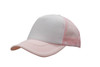 A pink and white truckers mesh cap featuring a logo on the front and a mesh back for ventilation.