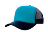A truckers mesh cap featuring a teal front and black mesh sides, with a curved peak and an adjustable strap.