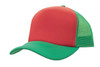 A red and green Truckers Mesh Cap featuring a solid front and mesh back, with a branded logo.