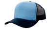 A truckers mesh cap in light blue with a black visor and mesh back, featuring a logo on the front.