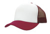 A red and white truckers mesh cap with a solid front panel and mesh back. It features a curved brim.