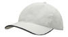 A white cap with a contrasting dark trim, featuring a woven fabric and a wind strap with a clip.